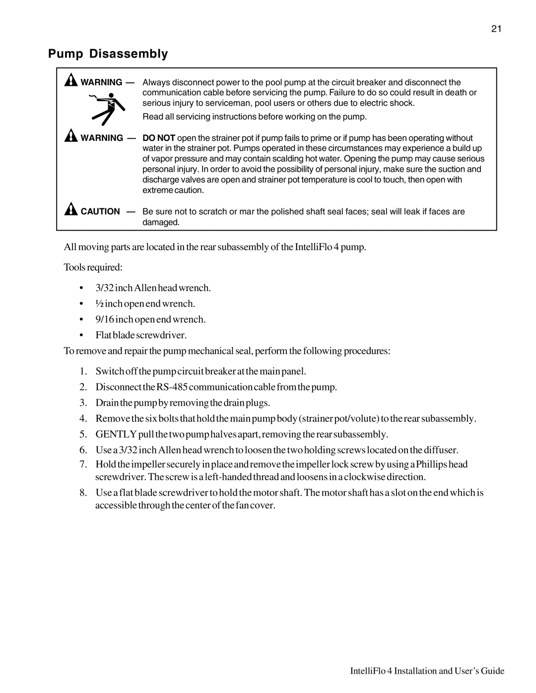 Pentair 4/100, 4/160 important safety instructions Pump Disassembly 