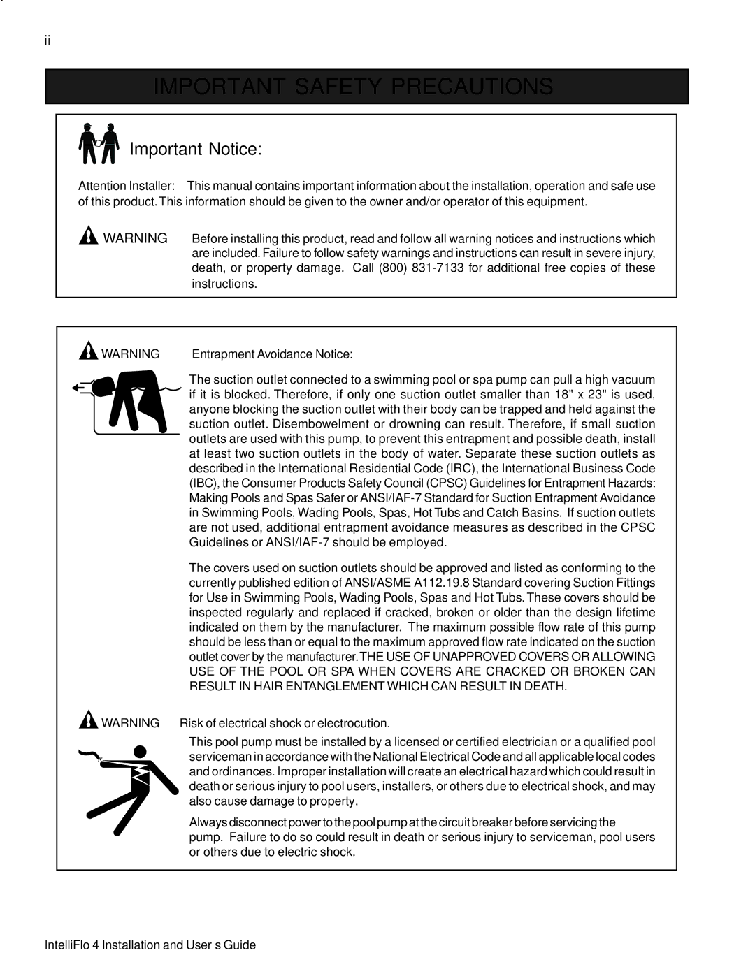 Pentair 4/160, 4/100 important safety instructions Important Safety Precautions, Important Notice 