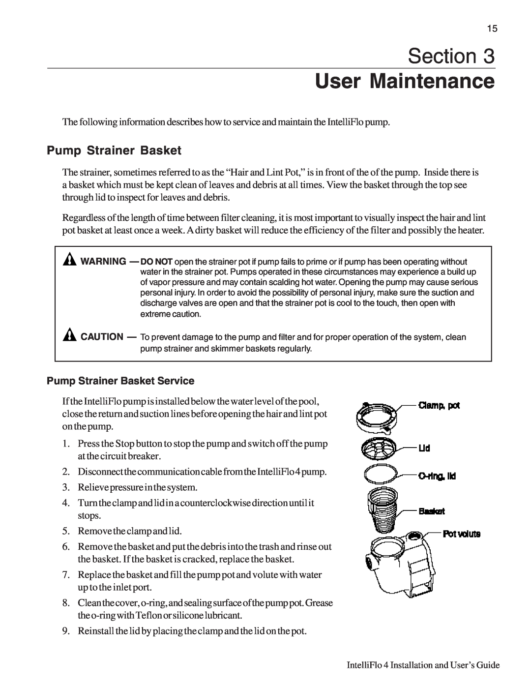 Pentair 4/100, 4/160 important safety instructions User Maintenance, Section, Pump Strainer Basket Service 