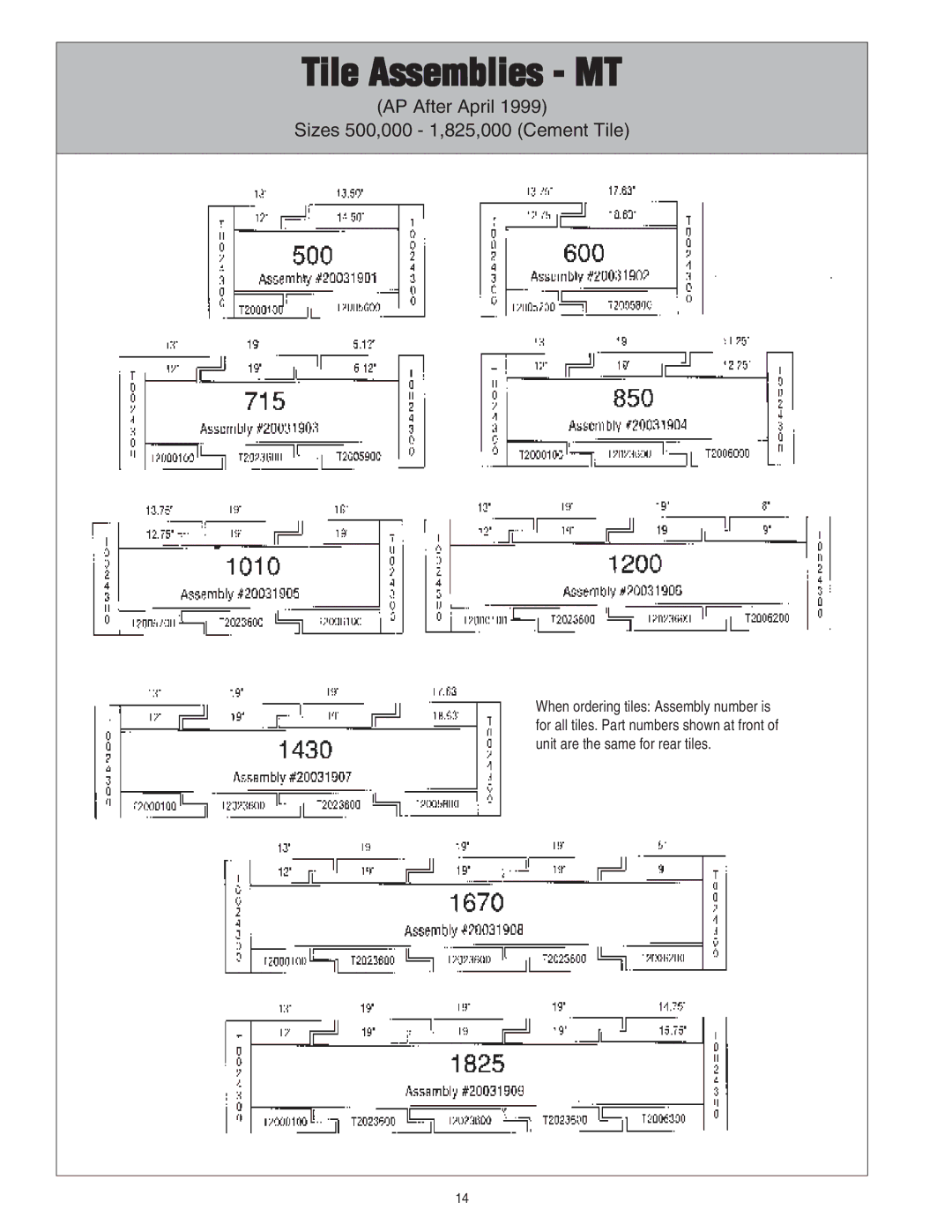 Pentair 472645 manual Tile Assemblies MT, AP After April Sizes 500,000 1,825,000 Cement Tile 