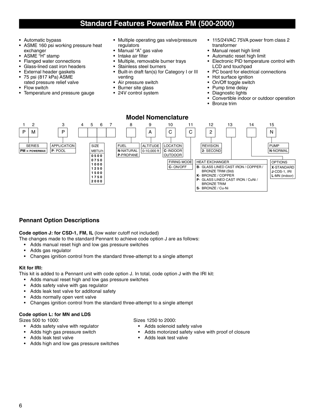 Pentair 472645 manual Standard Features PowerMax PM, Bronze trim, Kit for IRI, Code option L for MN and LDS 