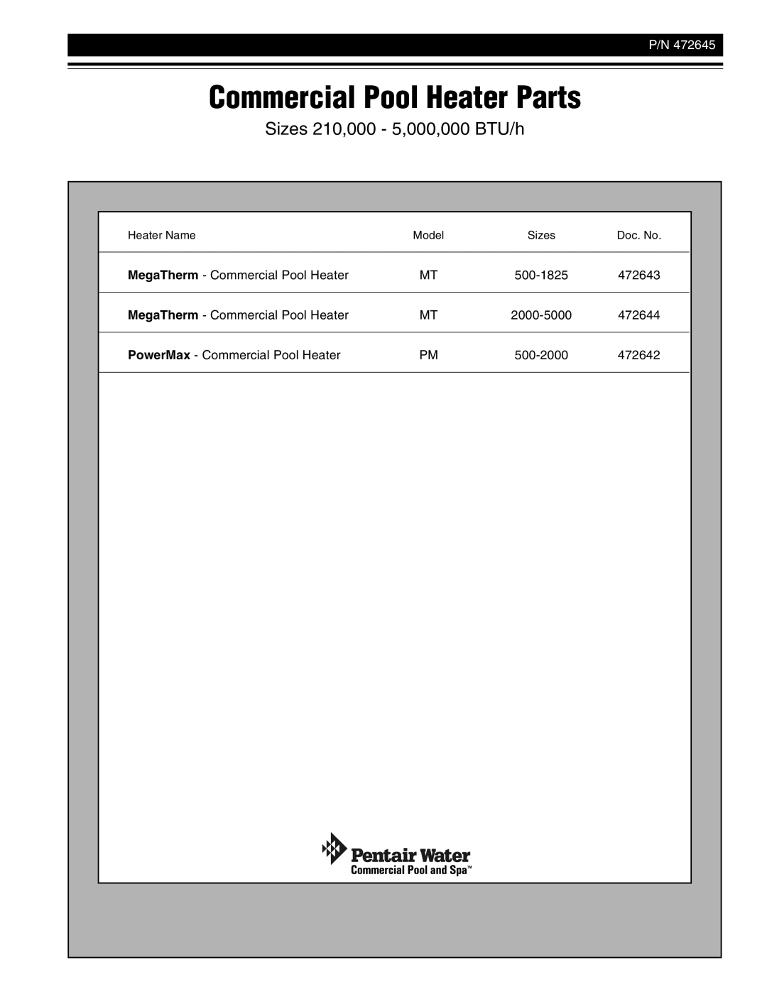 Pentair 472645 manual Commercial Pool Heater Parts, Heater Name Model Sizes Doc. No 