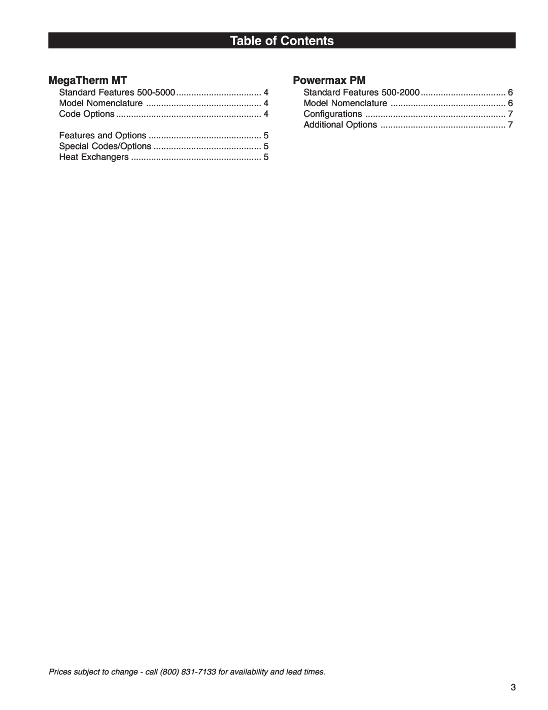 Pentair 472645 manual Table of Contents, MegaTherm MT, Powermax PM 