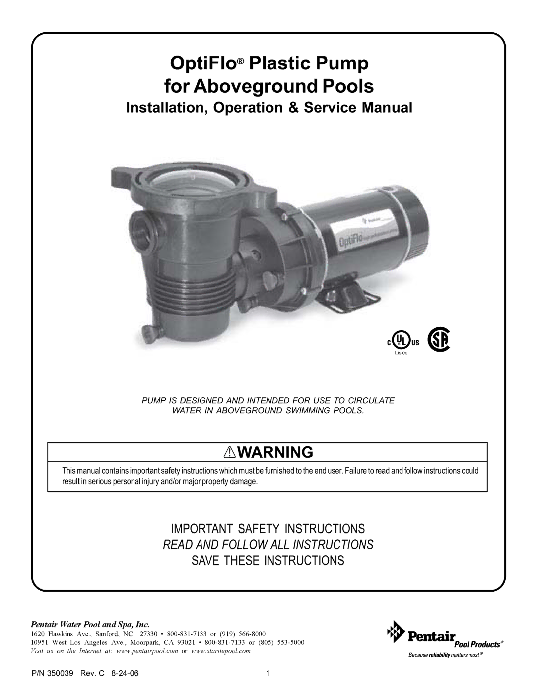 Pentair 4HP-VD - 3' STD, 4HP-HD - 3' STD service manual OptiFlo Plastic Pump for Aboveground Pools 