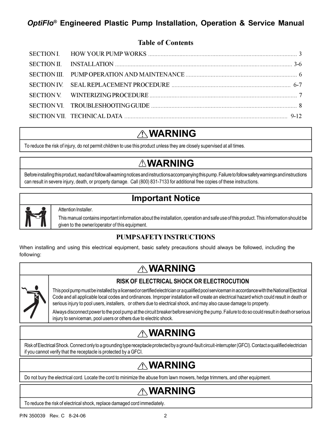 Pentair 4HP-HD - 3' STD, 4HP-VD - 3' STD service manual Important Notice 