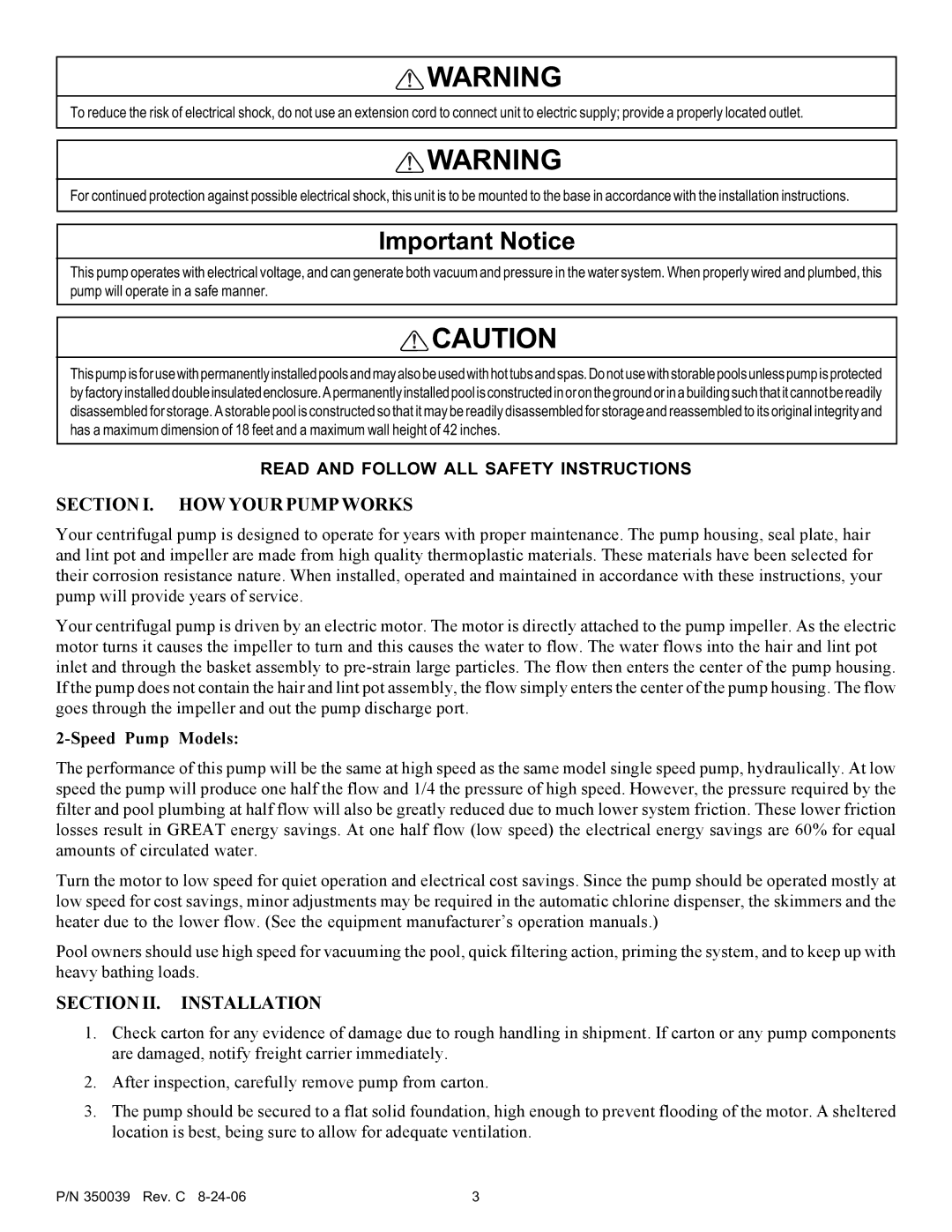 Pentair 4HP-VD - 3' STD, 4HP-HD - 3' STD service manual Section I. HOW Your Pump Works, Section II. Installation 