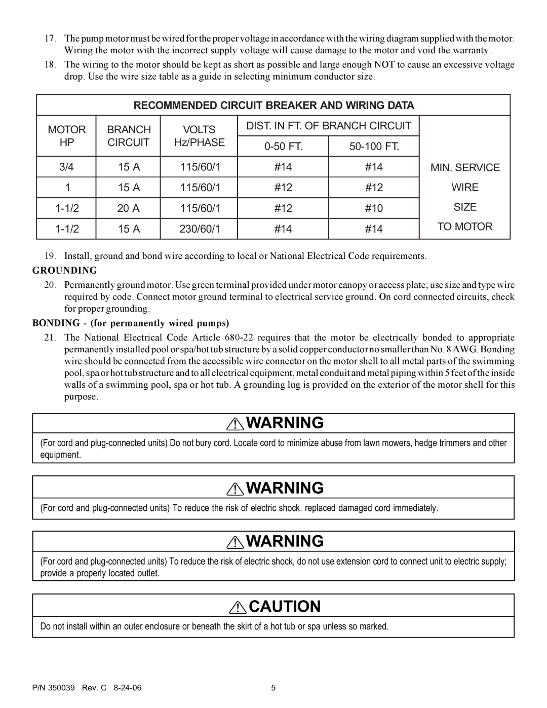 Pentair 4HP-VD - 3' STD, 4HP-HD - 3' STD service manual MIN. Service Wire Size To Motor, Grounding 