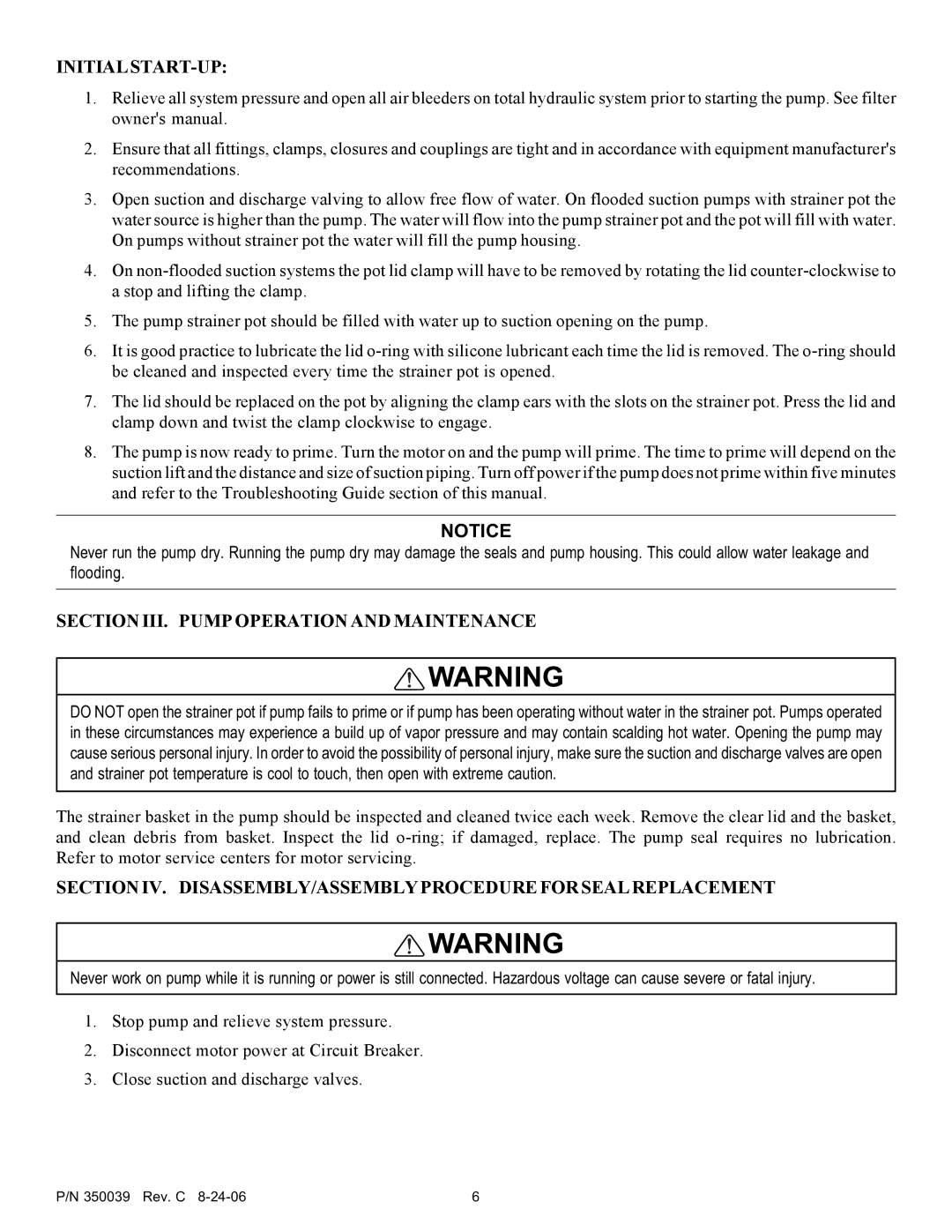 Pentair 4HP-HD - 3' STD, 4HP-VD - 3' STD service manual Initialstart-Up, Section III. Pump Operation and Maintenance 