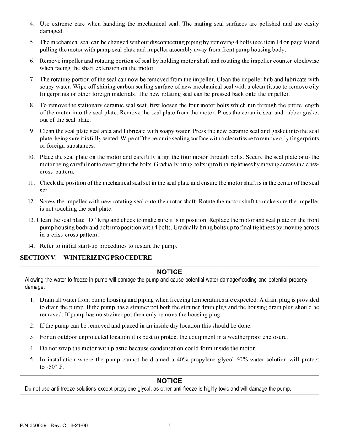 Pentair 4HP-VD - 3' STD, 4HP-HD - 3' STD service manual Section V. Winterizingprocedure 