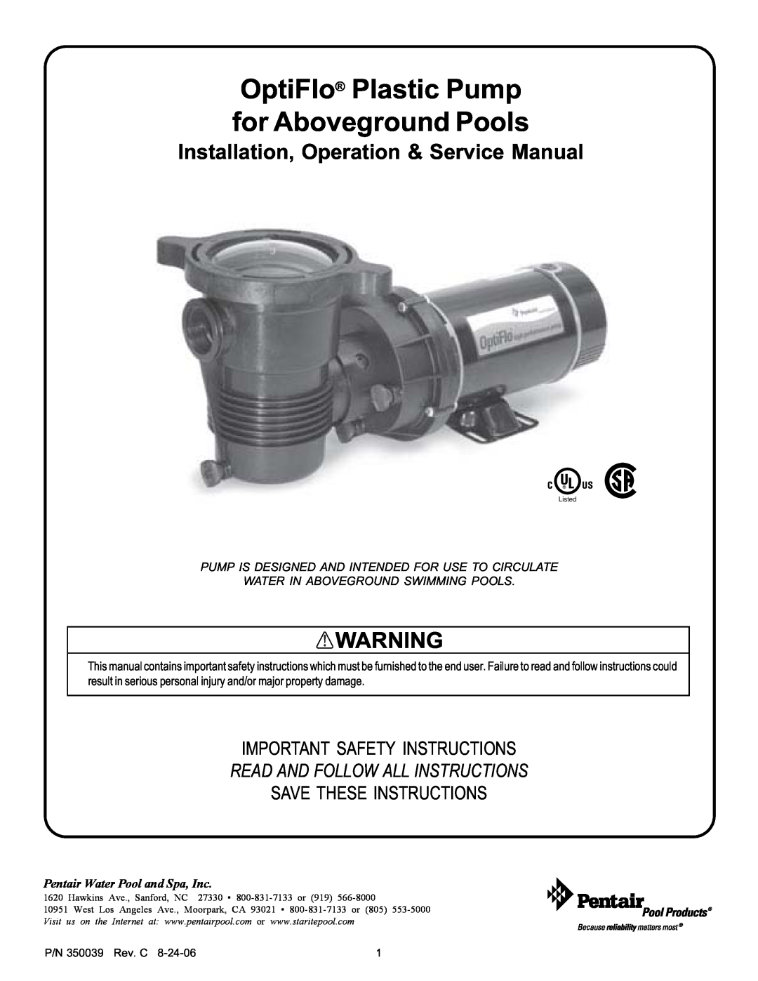 Pentair 4HP-VD - 3' STD service manual OptiFlo Plastic Pump for Aboveground Pools, Important Safety Instructions 