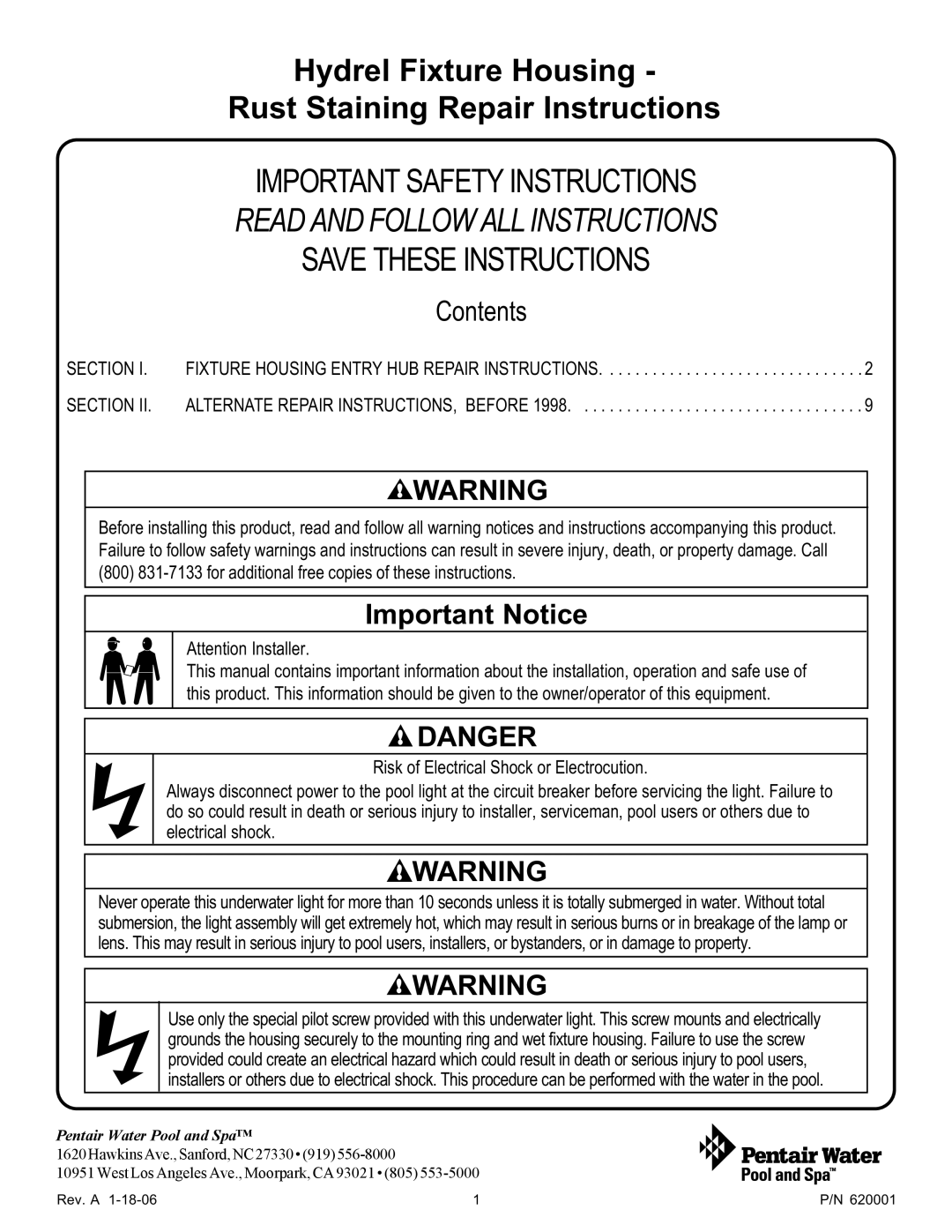 Pentair 620001 important safety instructions Hydrel Fixture Housing Rust Staining Repair Instructions 