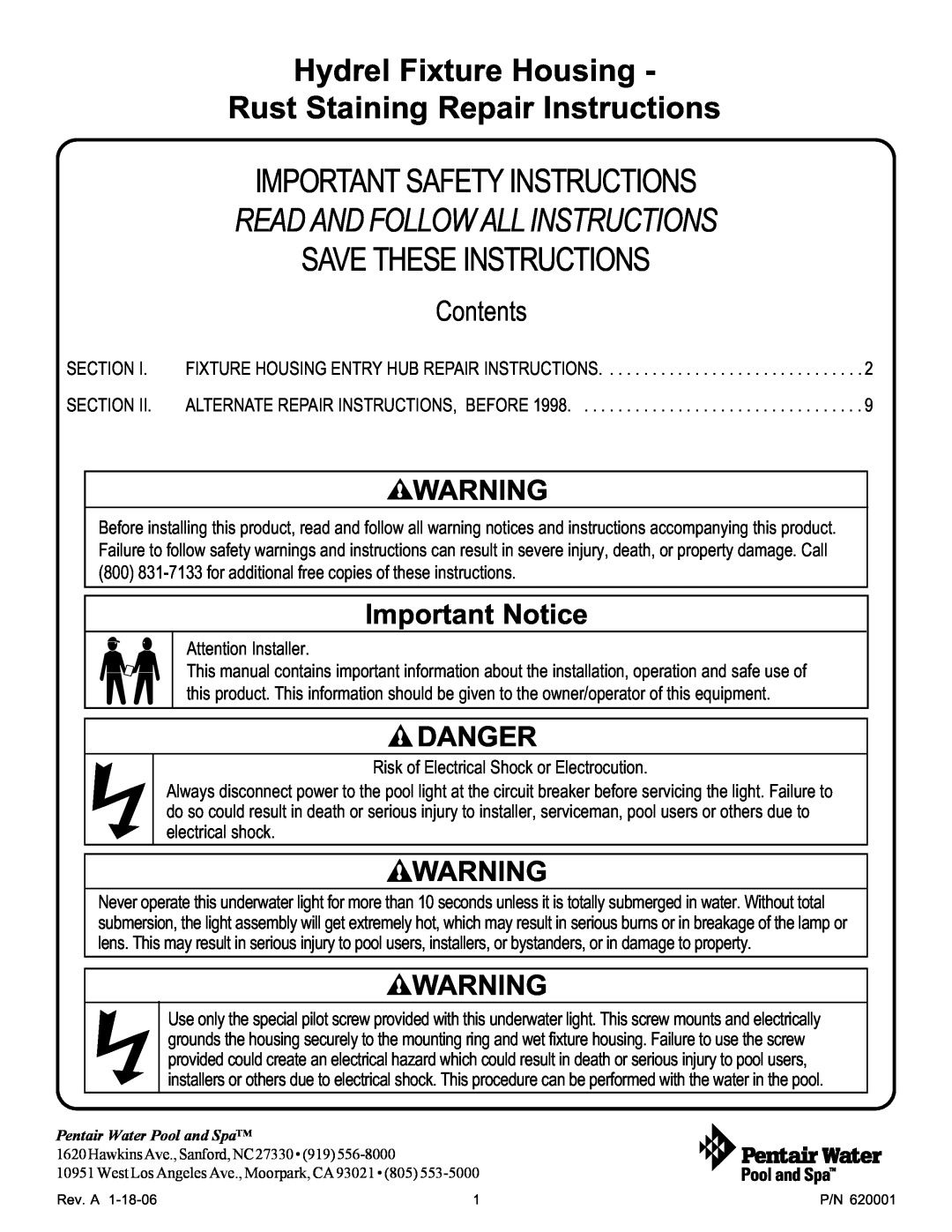 Pentair 620001 important safety instructions Important Safety Instructions Read And Follow All Instructions, Contents 