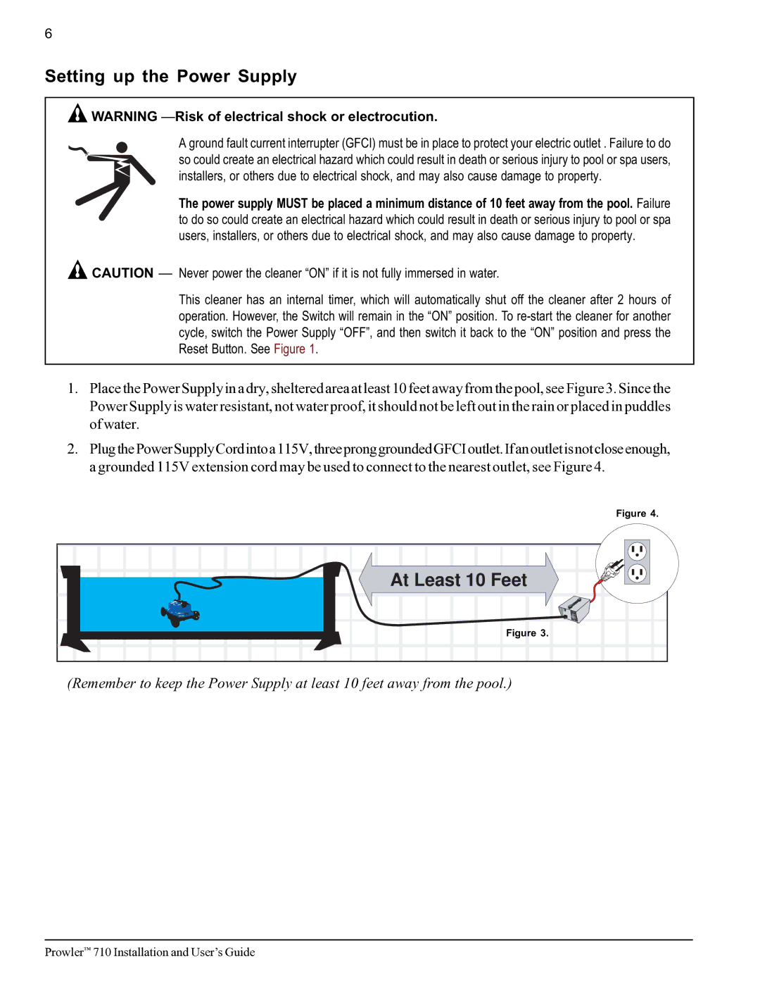 Pentair 710 important safety instructions Setting up the Power Supply, At Least 10 Feet 