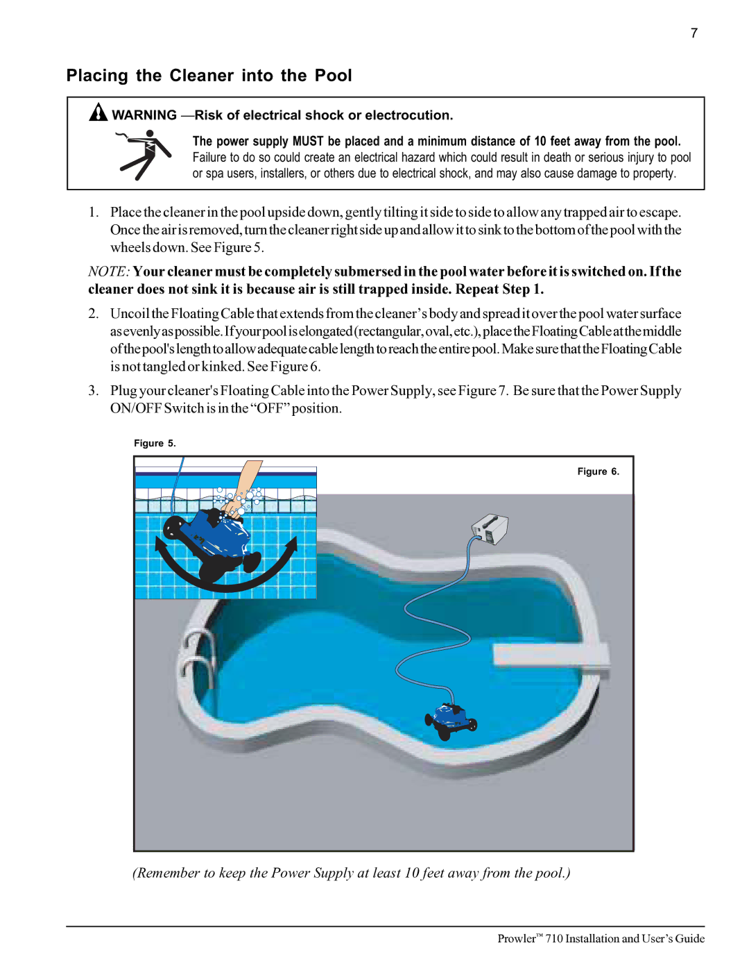 Pentair 710 important safety instructions Placing the Cleaner into the Pool 