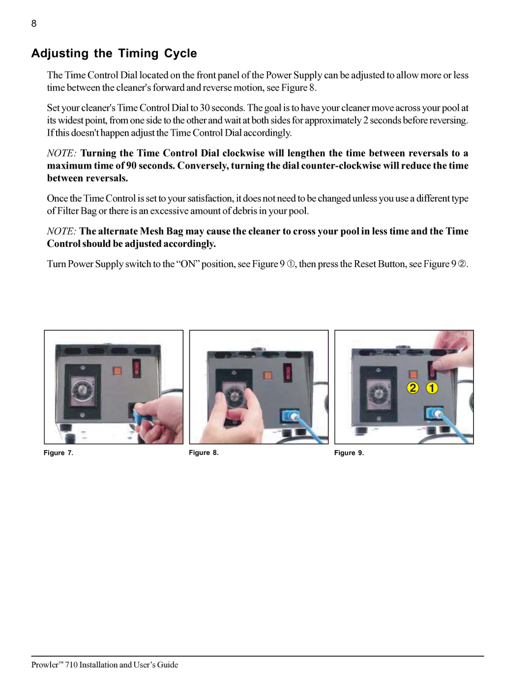 Pentair 710 important safety instructions Adjusting the Timing Cycle, Control should be adjusted accordingly 