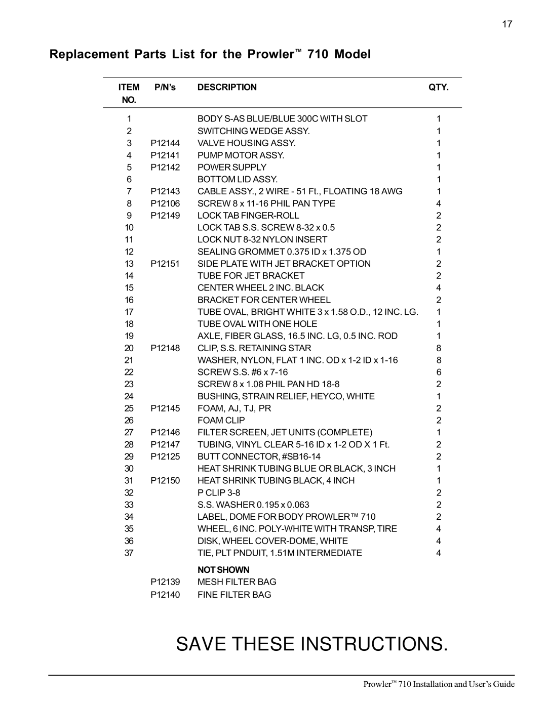 Pentair important safety instructions Replacement Parts List for the Prowler 710 Model, Power Supply Bottom LID Assy 