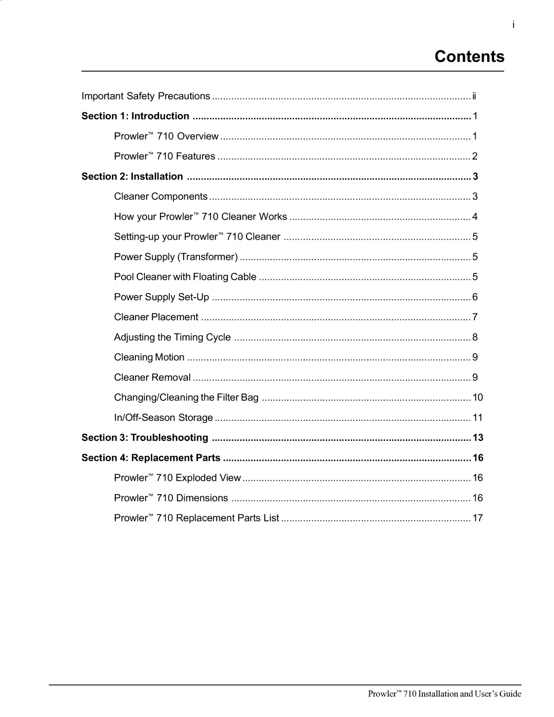 Pentair 710 important safety instructions Contents 