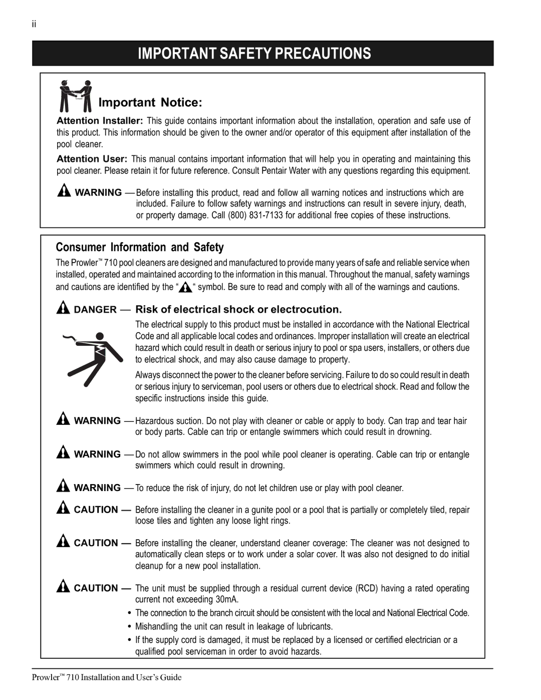 Pentair 710 important safety instructions Important Safety Precautions, Important Notice Consumer Information and Safety 