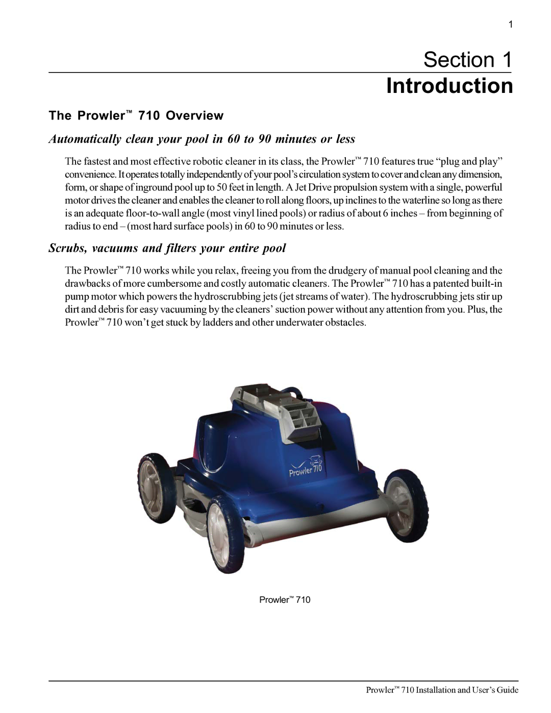 Pentair important safety instructions Section Introduction, Prowler 710 Overview 