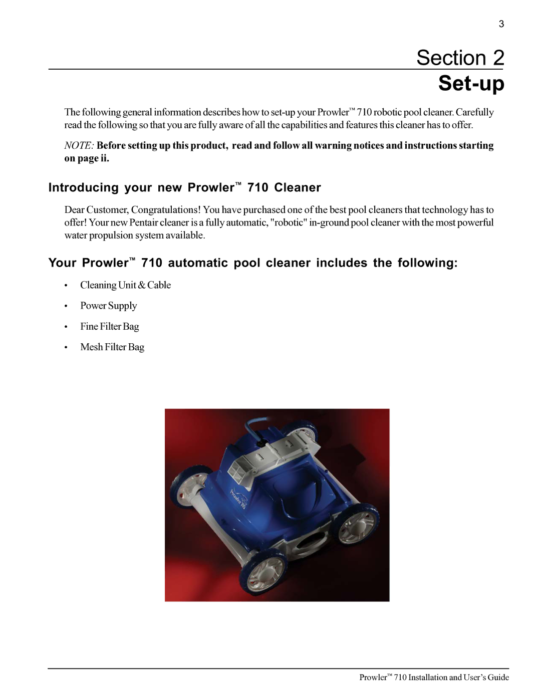 Pentair important safety instructions Section Set-up, Introducing your new Prowler 710 Cleaner 