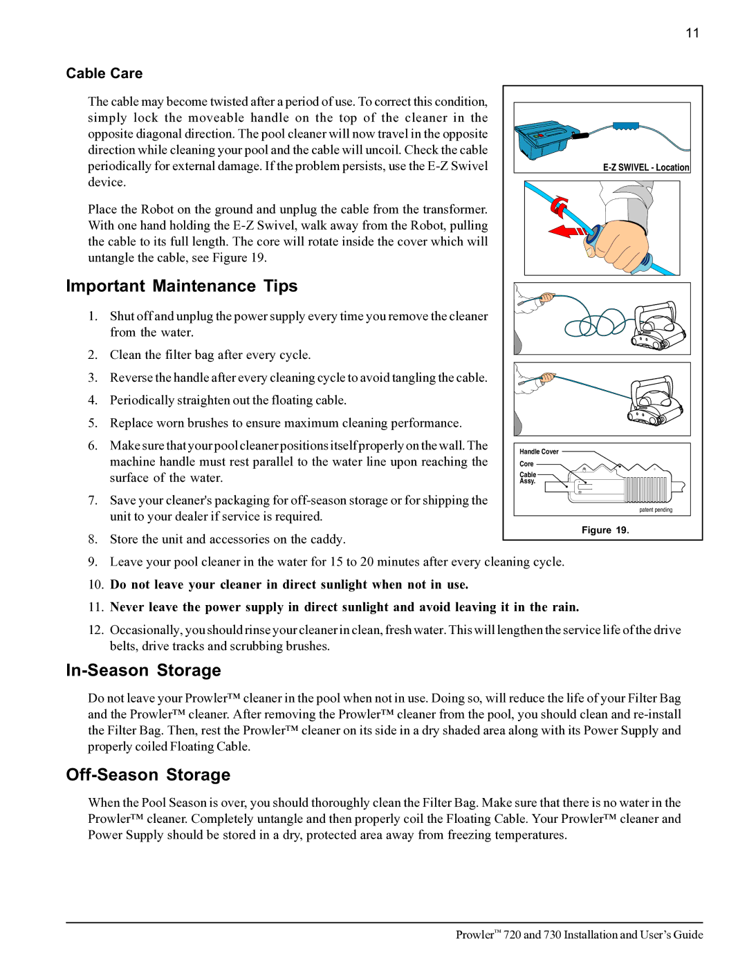 Pentair 720, 730 important safety instructions Important Maintenance Tips, In-Season Storage, Off-Season Storage, Cable Care 