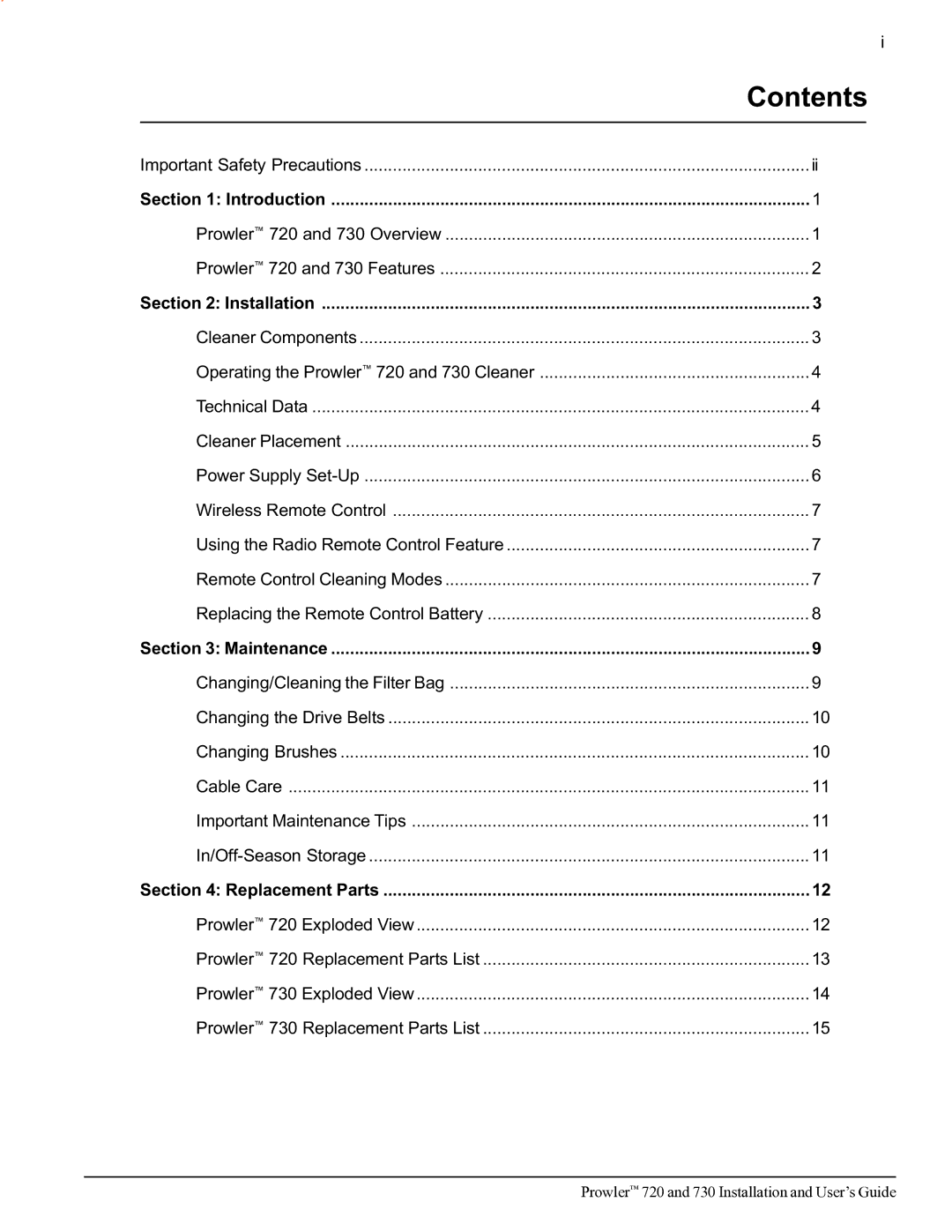 Pentair 720, 730 important safety instructions Contents 