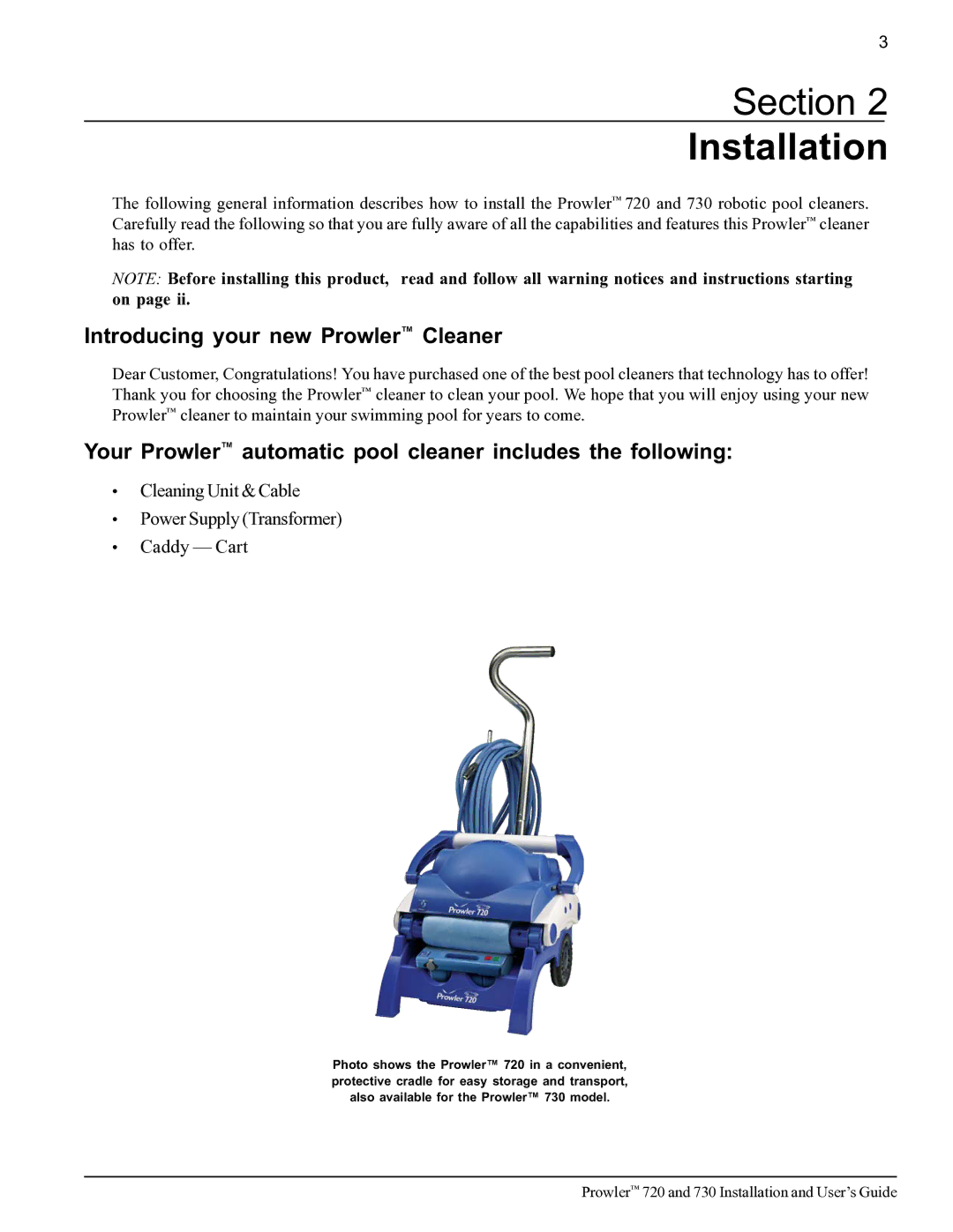 Pentair 720, 730 important safety instructions Section Installation, Introducing your new Prowler Cleaner 