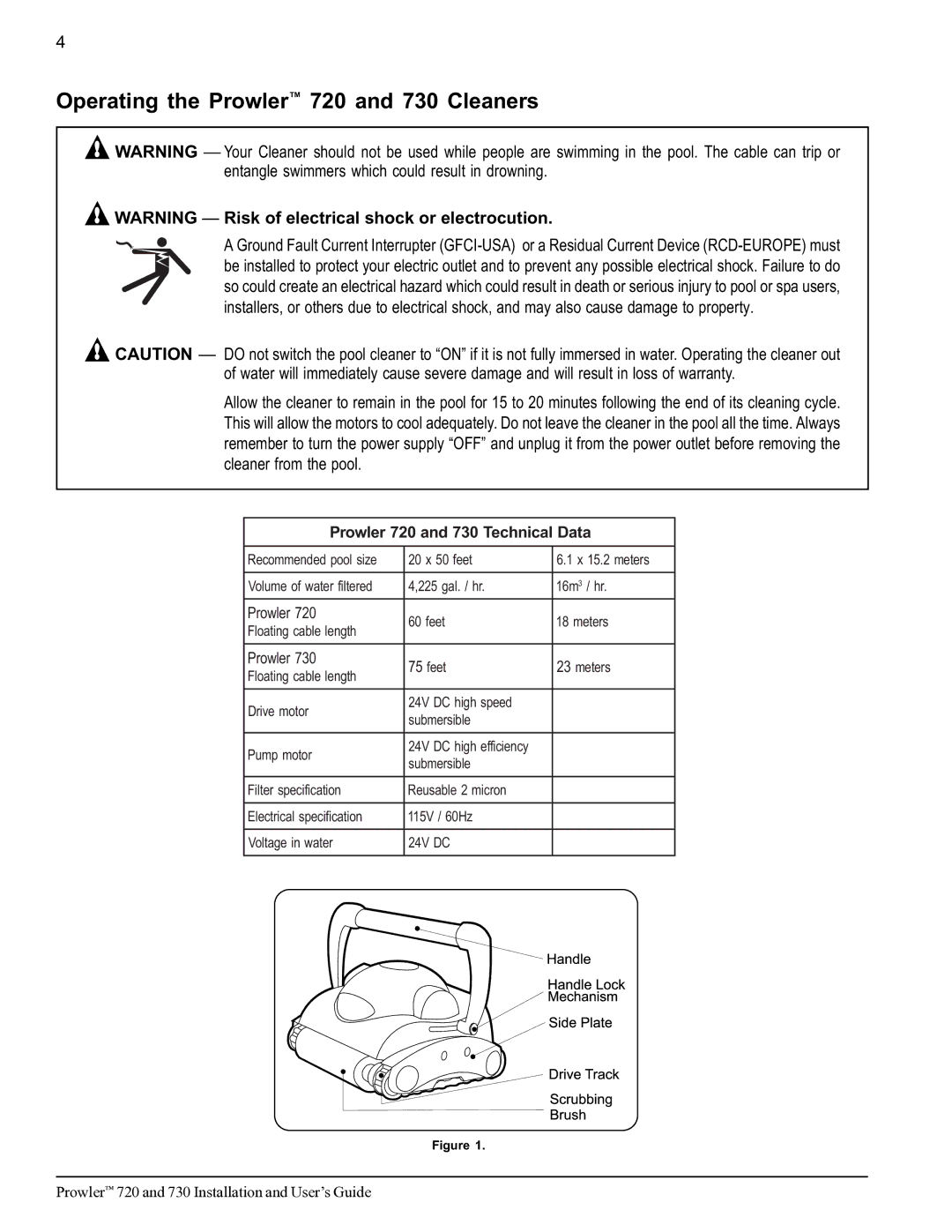 Pentair important safety instructions Operating the Prowler 720 and 730 Cleaners, Prowler 720 and 730 Technical Data 