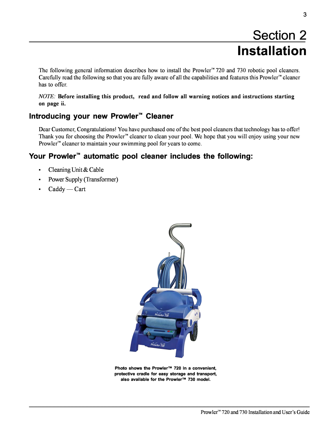 Pentair 720 Section Installation, Introducing your new Prowler Cleaner, Cleaning Unit & Cable Power Supply Transformer 