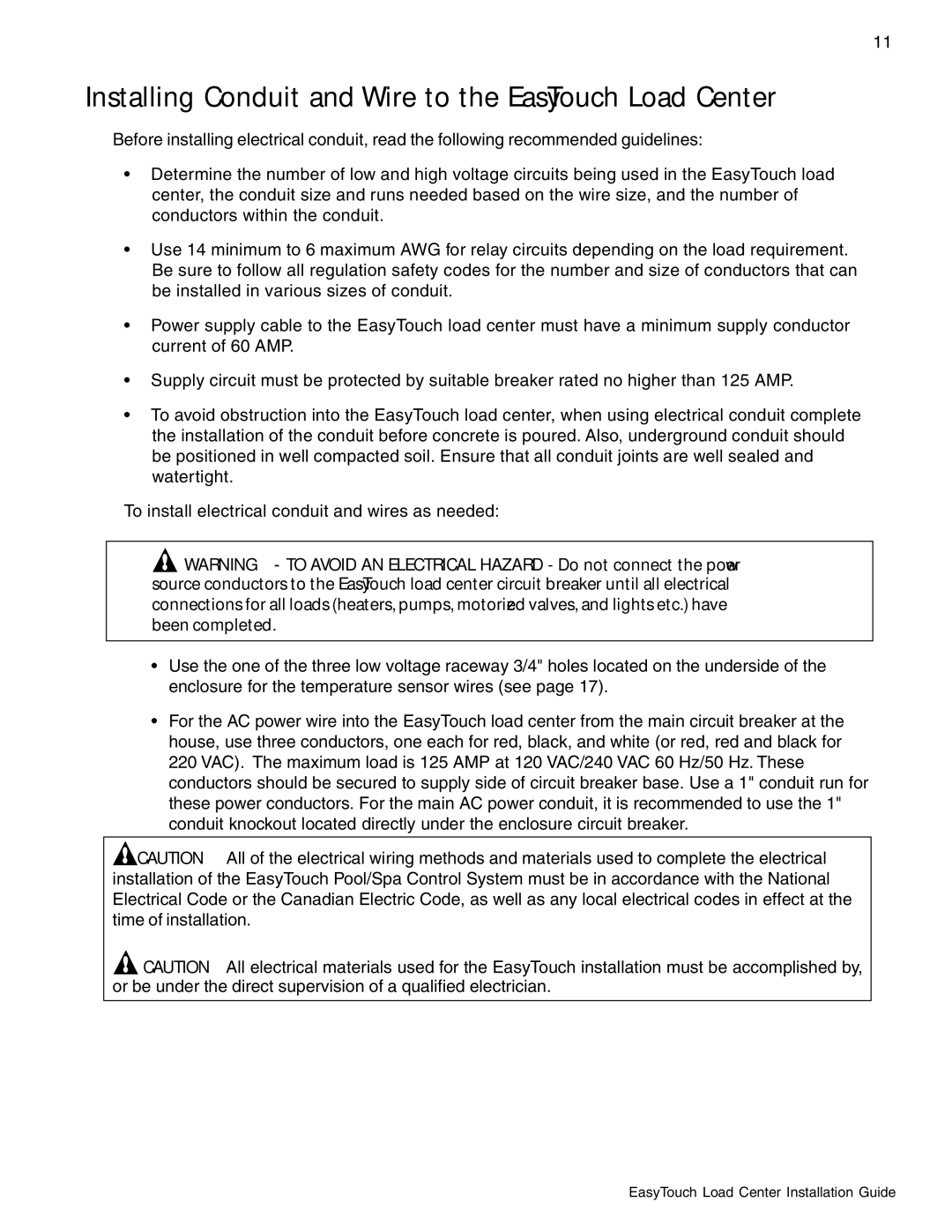 Pentair 8 and 4 important safety instructions Installing Conduit and Wire to the EasyTouch Load Center 