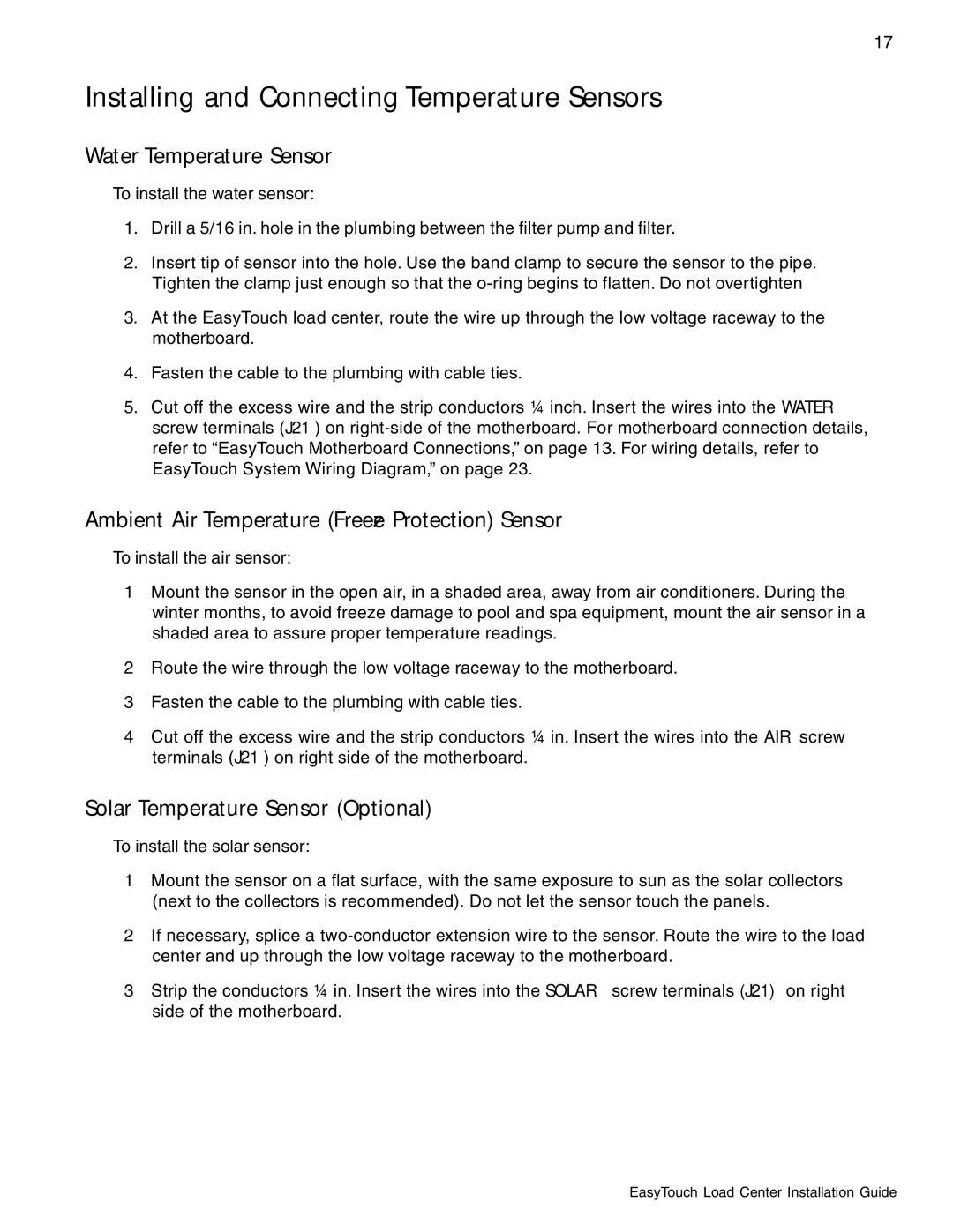 Pentair 8 and 4 Installing and Connecting Temperature Sensors, Water Temperature Sensor, Solar Temperature Sensor Optional 