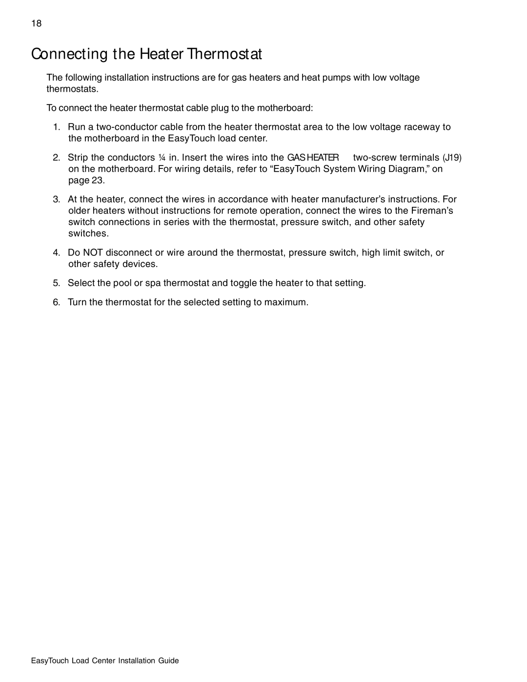 Pentair 8 and 4 important safety instructions Connecting the Heater Thermostat 