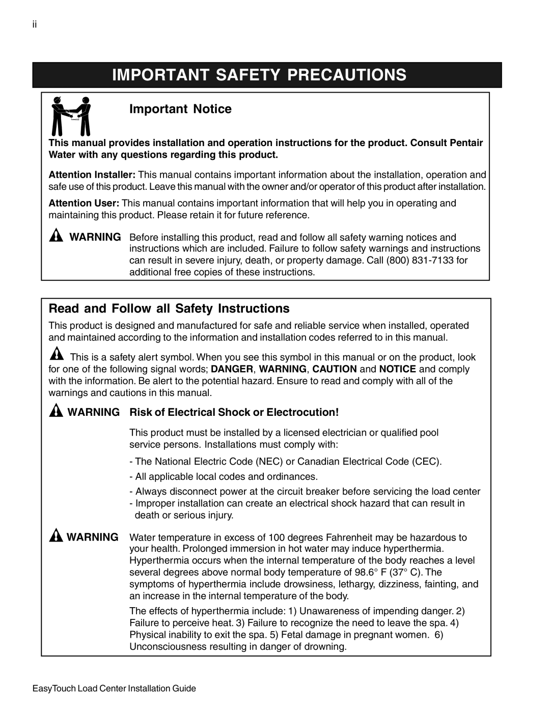 Pentair 8 and 4 important safety instructions Important Notice, Read and Follow all Safety Instructions 