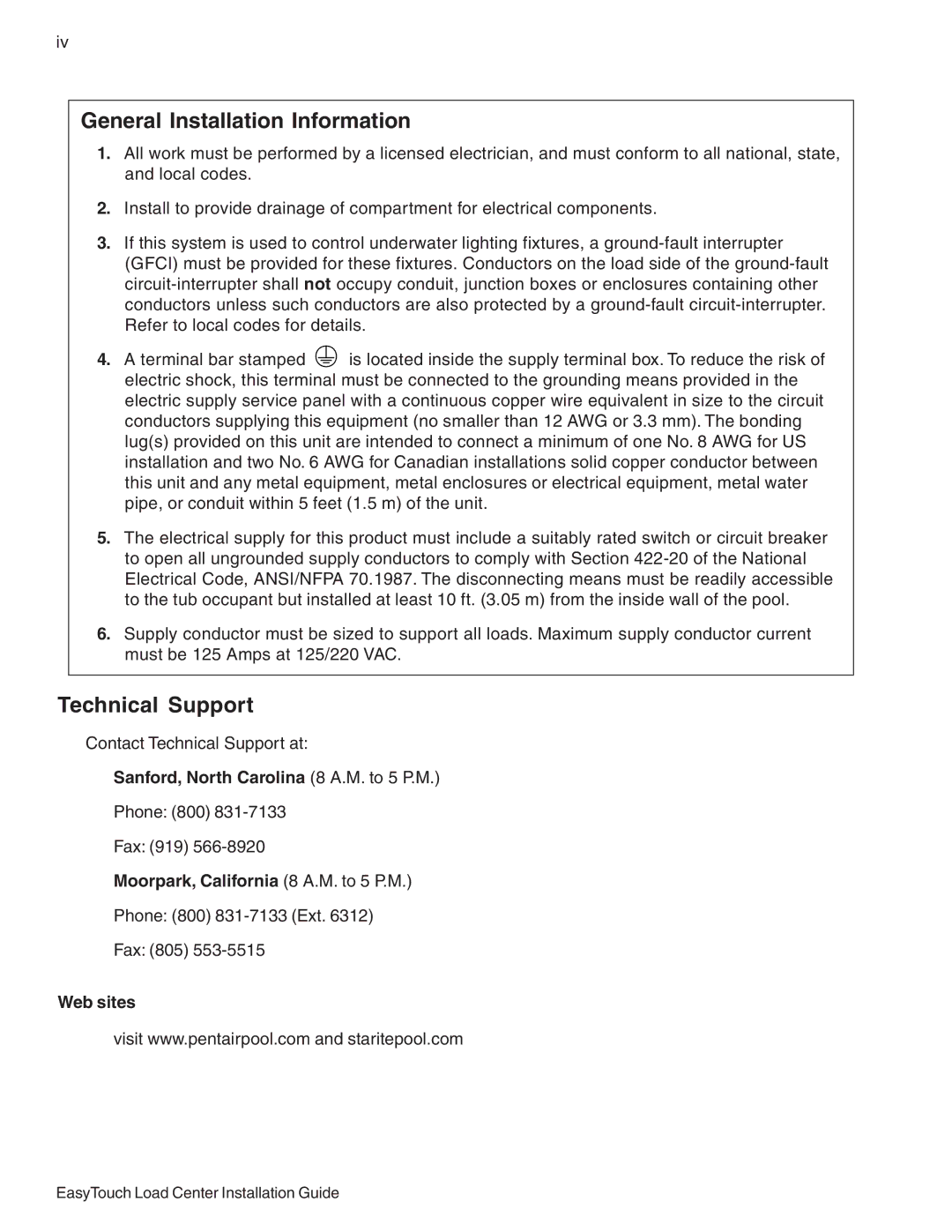 Pentair 8 and 4 important safety instructions General Installation Information, Technical Support 