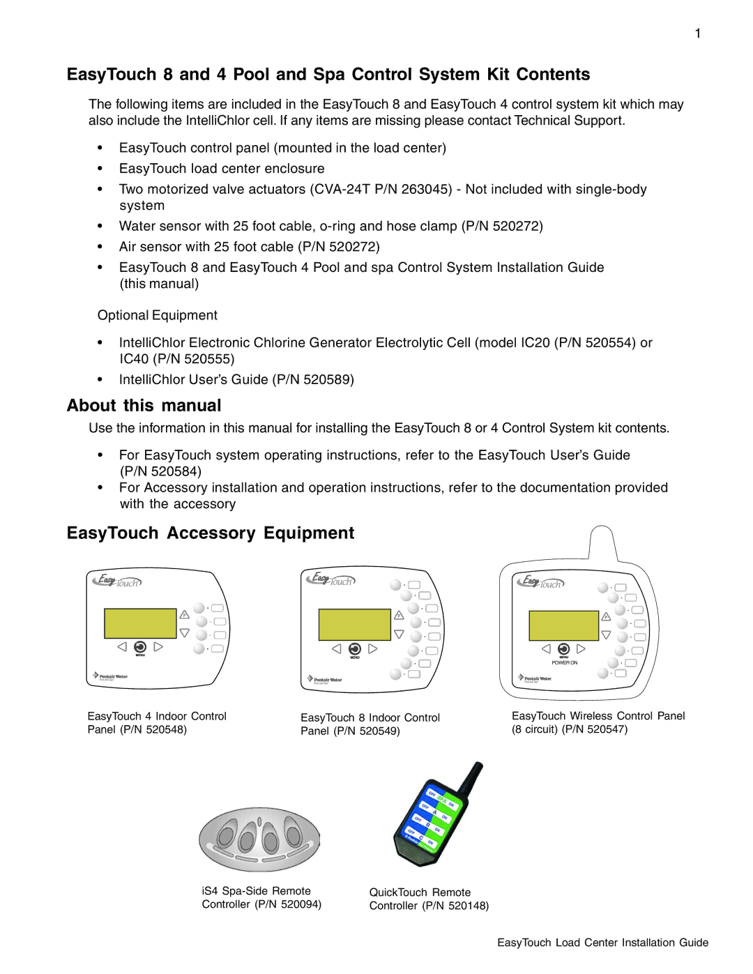 Pentair EasyTouch 8 and 4 Pool and Spa Control System Kit Contents, About this manual, EasyTouch Accessory Equipment 