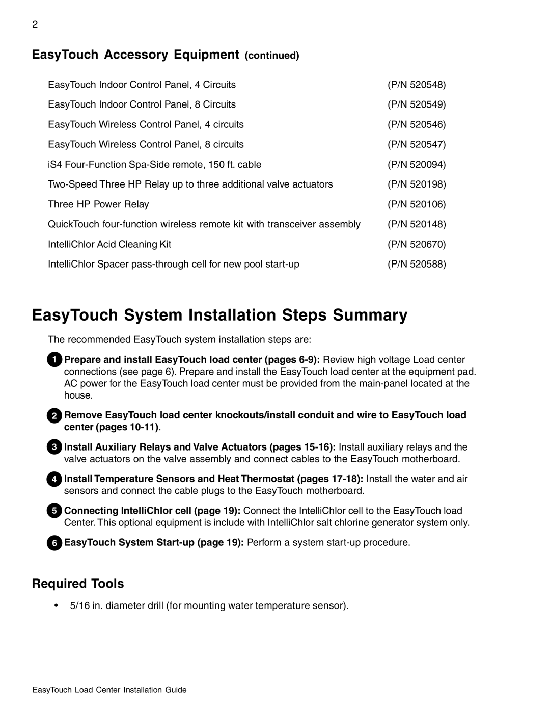 Pentair 8 and 4 important safety instructions EasyTouch System Installation Steps Summary, Required Tools 