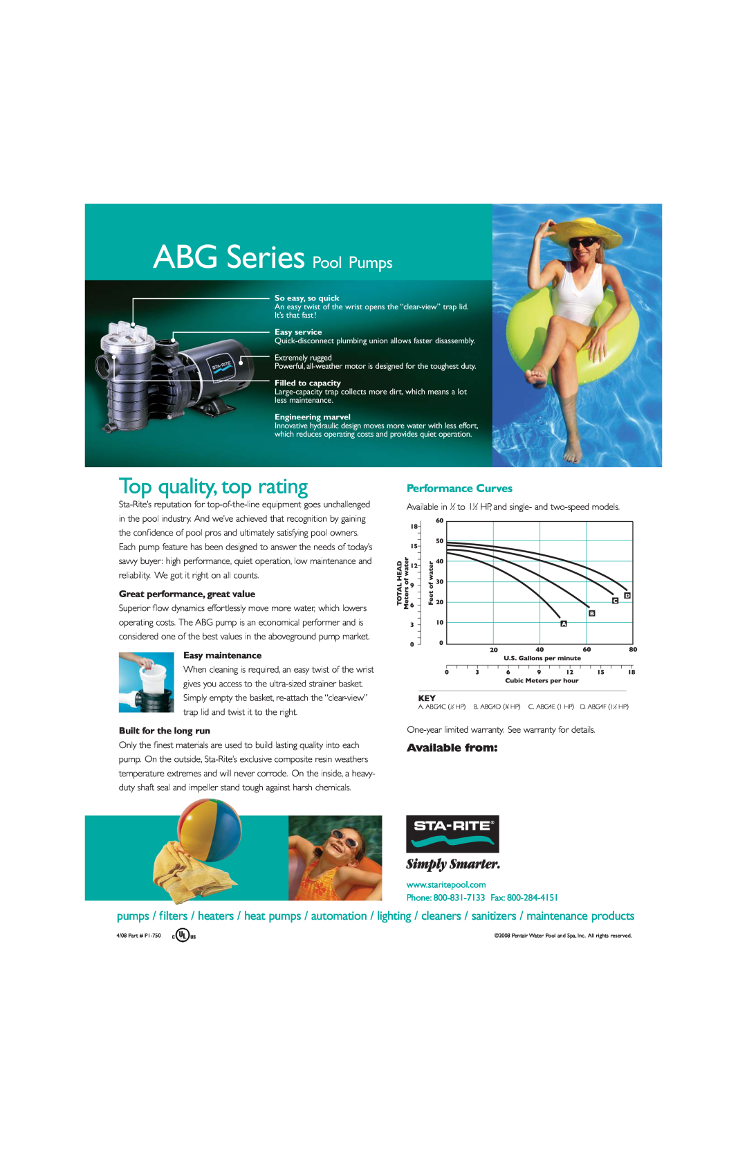 Pentair manual ABG Series Pool Pumps, Top quality, top rating, Performance Curves, Available from, Easy maintenance 