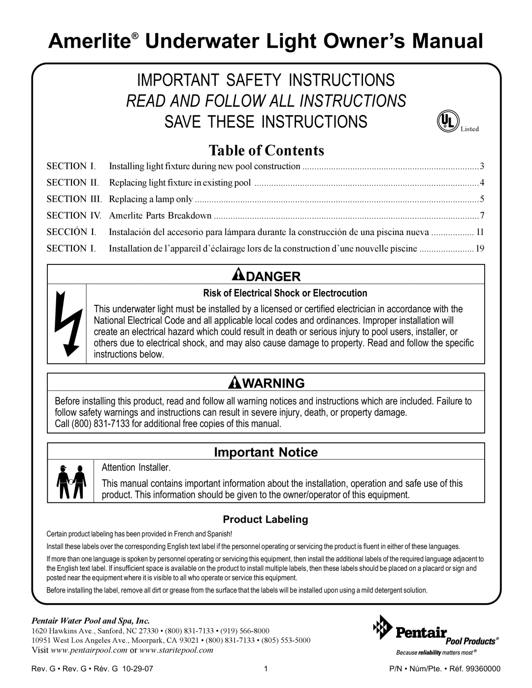 Pentair Amerlite important safety instructions Important Safety Instructions 