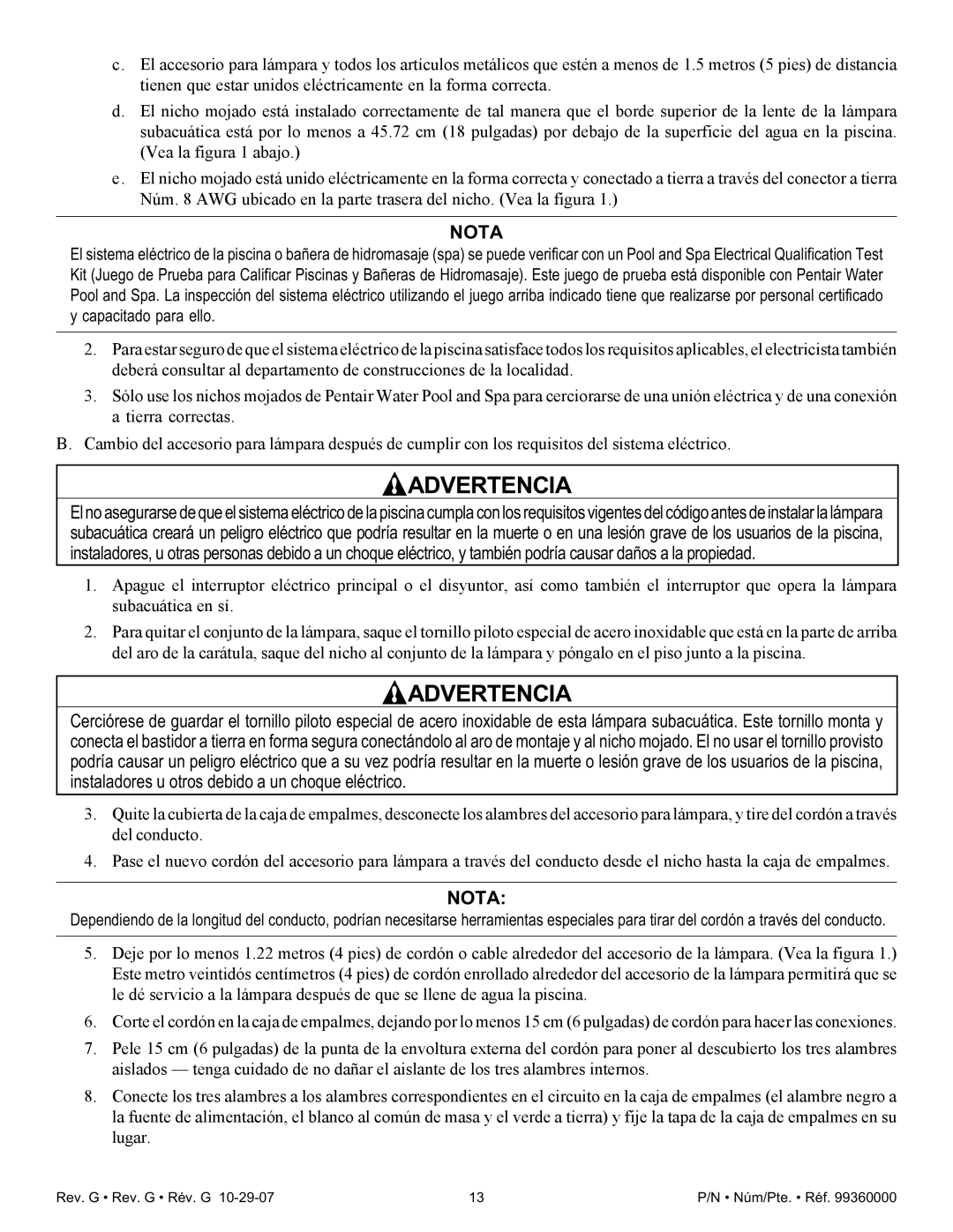 Pentair Amerlite important safety instructions Nota 