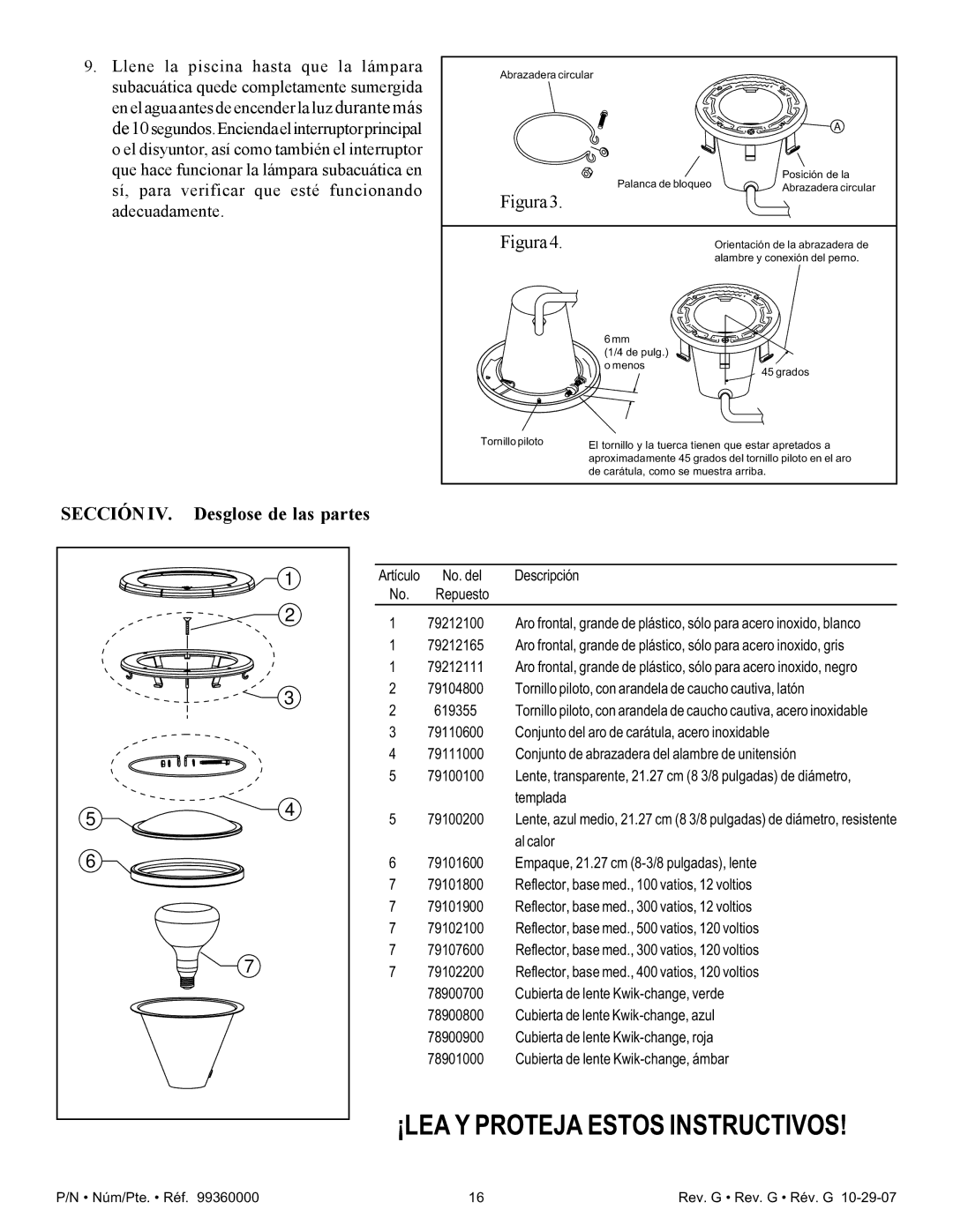 Pentair Amerlite important safety instructions Figura3, Sección IV. Desglose de las partes 