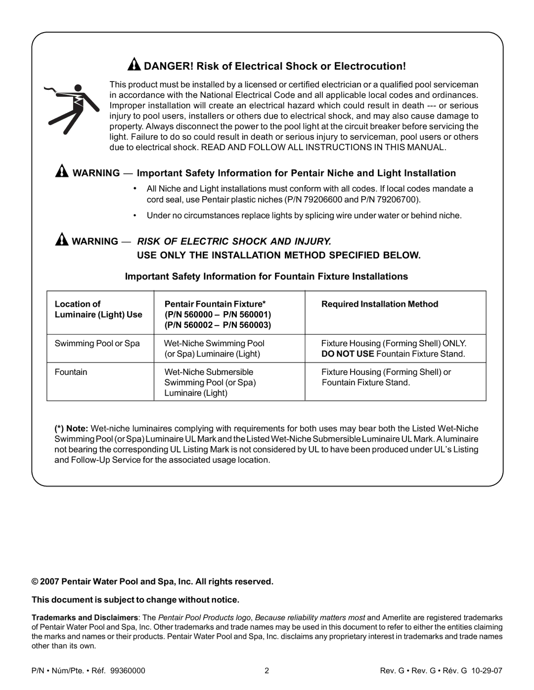 Pentair Amerlite important safety instructions USE only the Installation Method Specified below 