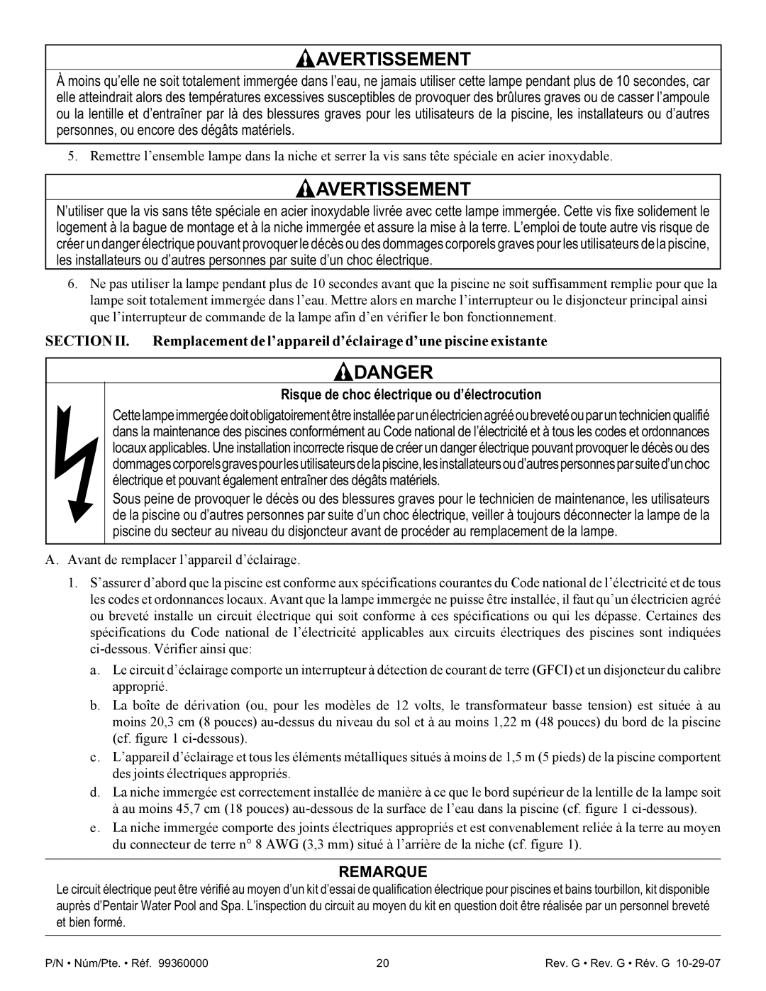 Pentair Amerlite important safety instructions Avertissement 