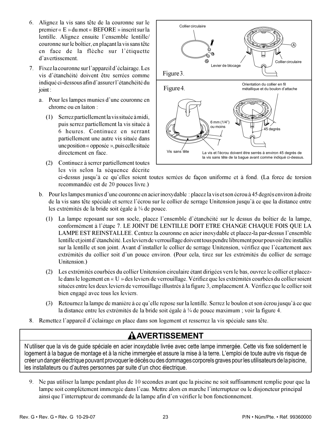 Pentair Amerlite important safety instructions Alignez la vis sans tête de la couronne sur le 