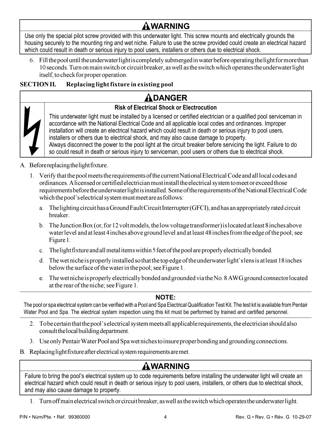 Pentair Amerlite Section II. Replacing light fixture in existing pool, Risk of Electrical Shock or Electrocution 