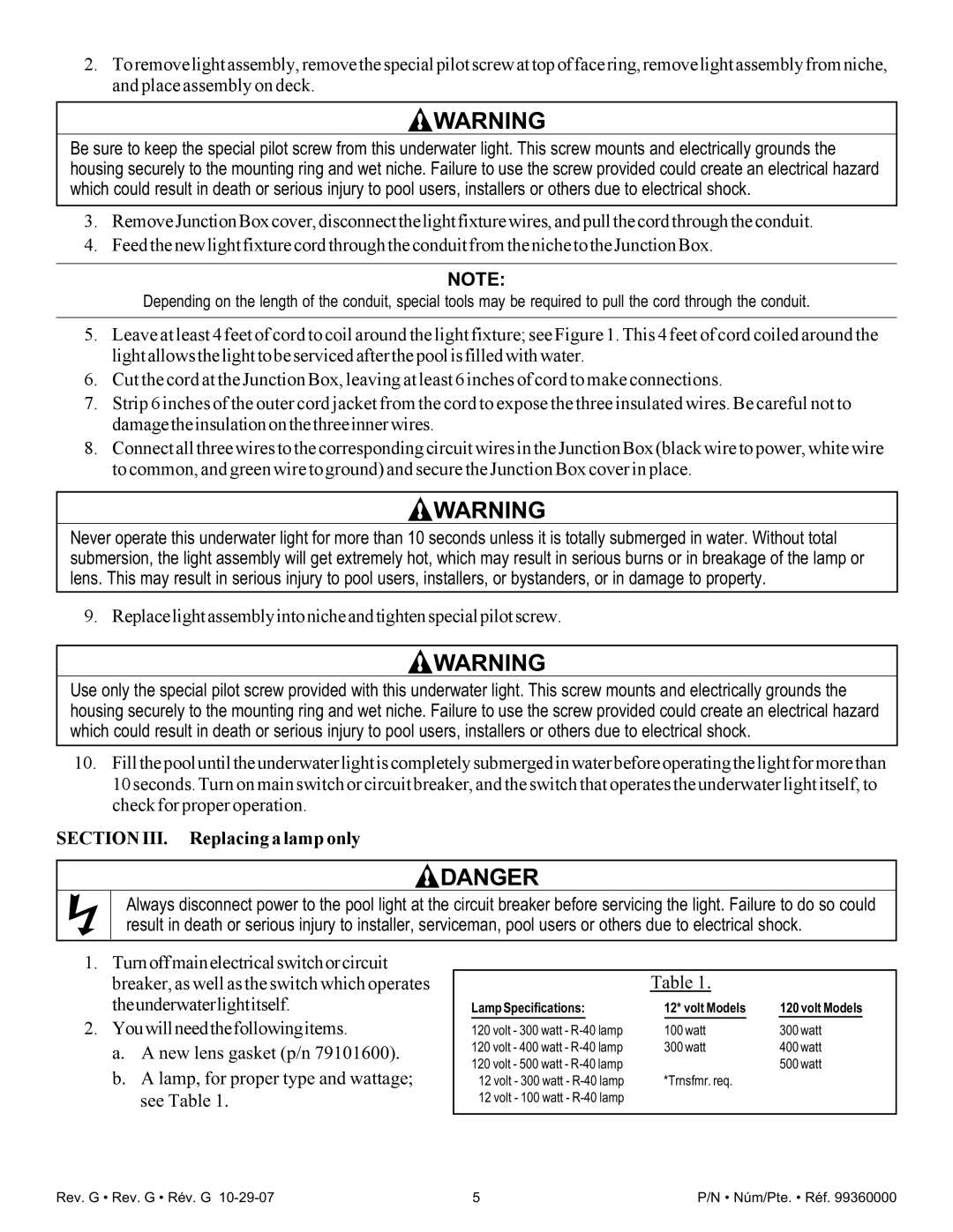 Pentair Amerlite Replacelightassemblyintonicheandtightenspecialpilotscrew, Section III. Replacing a lamp only 