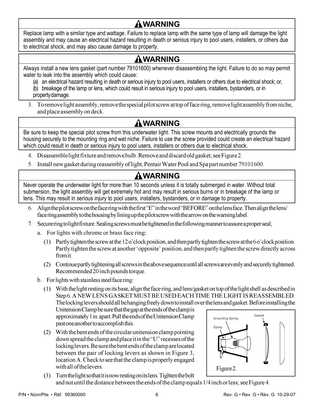 Pentair Amerlite important safety instructions Núm/Pte. Réf Rev. G Rev. G Rév. G 