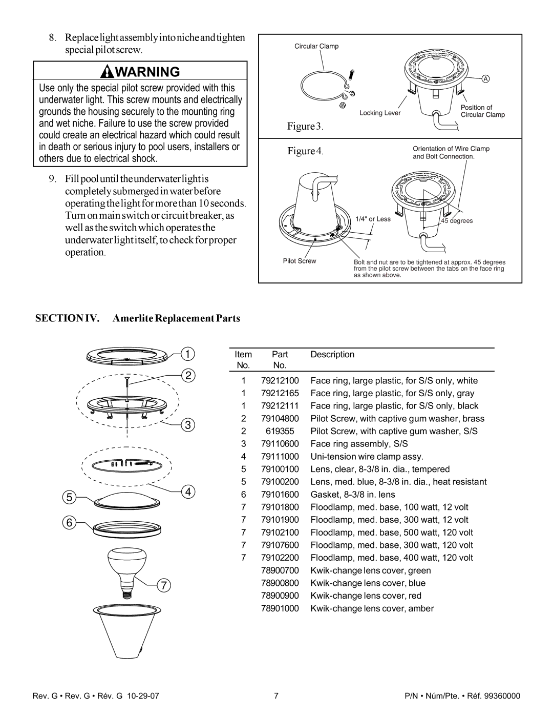 Pentair Replacelightassemblyintonicheandtighten specialpilotscrew, Section IV. Amerlite Replacement Parts 