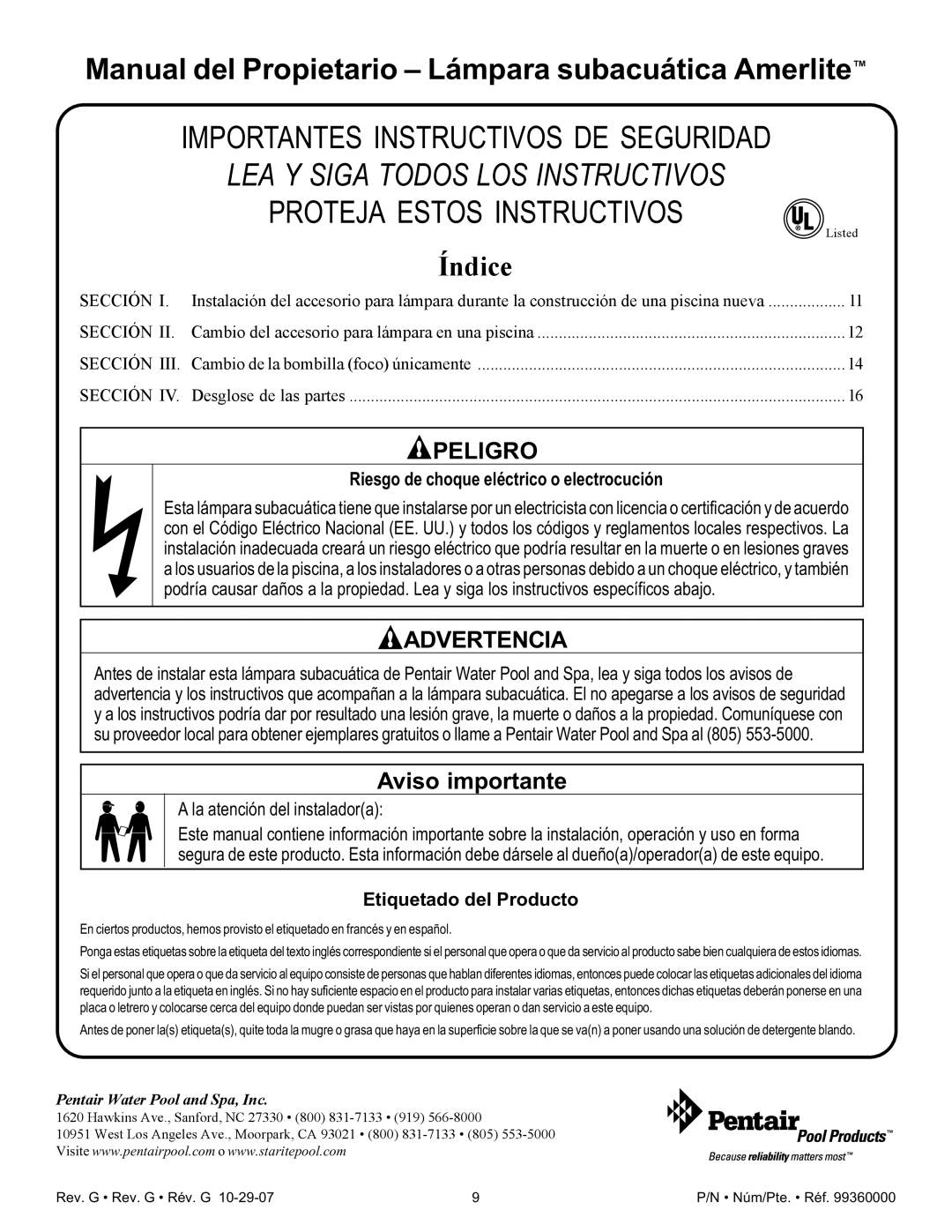 Pentair Amerlite Riesgo de choque eléctrico o electrocución, La atención del instaladora, Etiquetado del Producto 