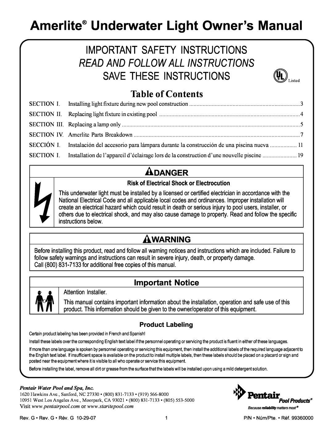 Pentair Amerlite important safety instructions Important Safety Instructions, Save These Instructions, Table of Contents 
