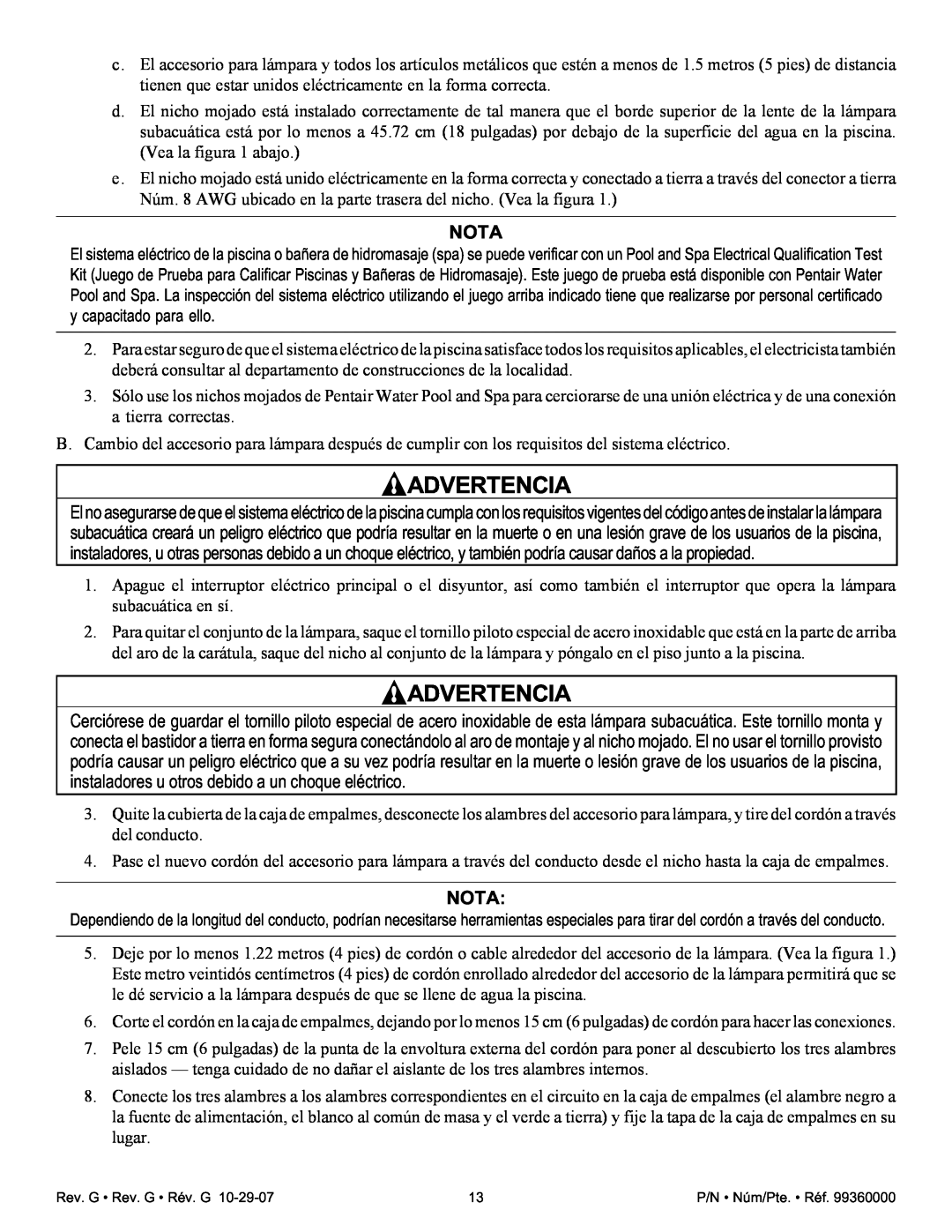 Pentair Amerlite important safety instructions Nota, Advertencia 